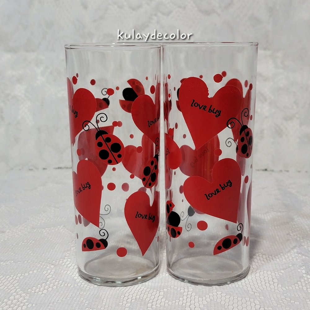 Anchor Hocking Valentine Heart Lady Lovebug Tall Glasses Set of 2 Made in USA